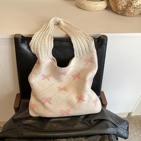 Pink Crochet Tote Bag Women Mesh Knitted Shoulder Handbag Beach Hobo Purse - Picture 2 of 7